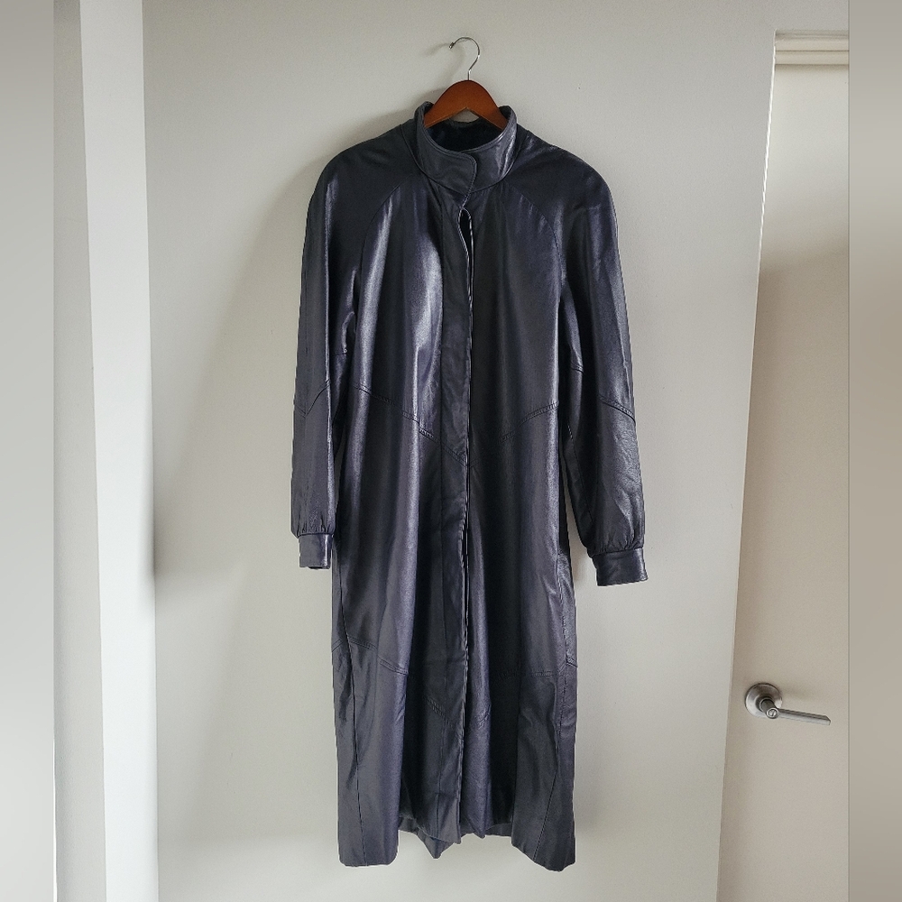 Vintage Pauline's Origional Designs Soft Leather Trench Coat Navy Womens Medium